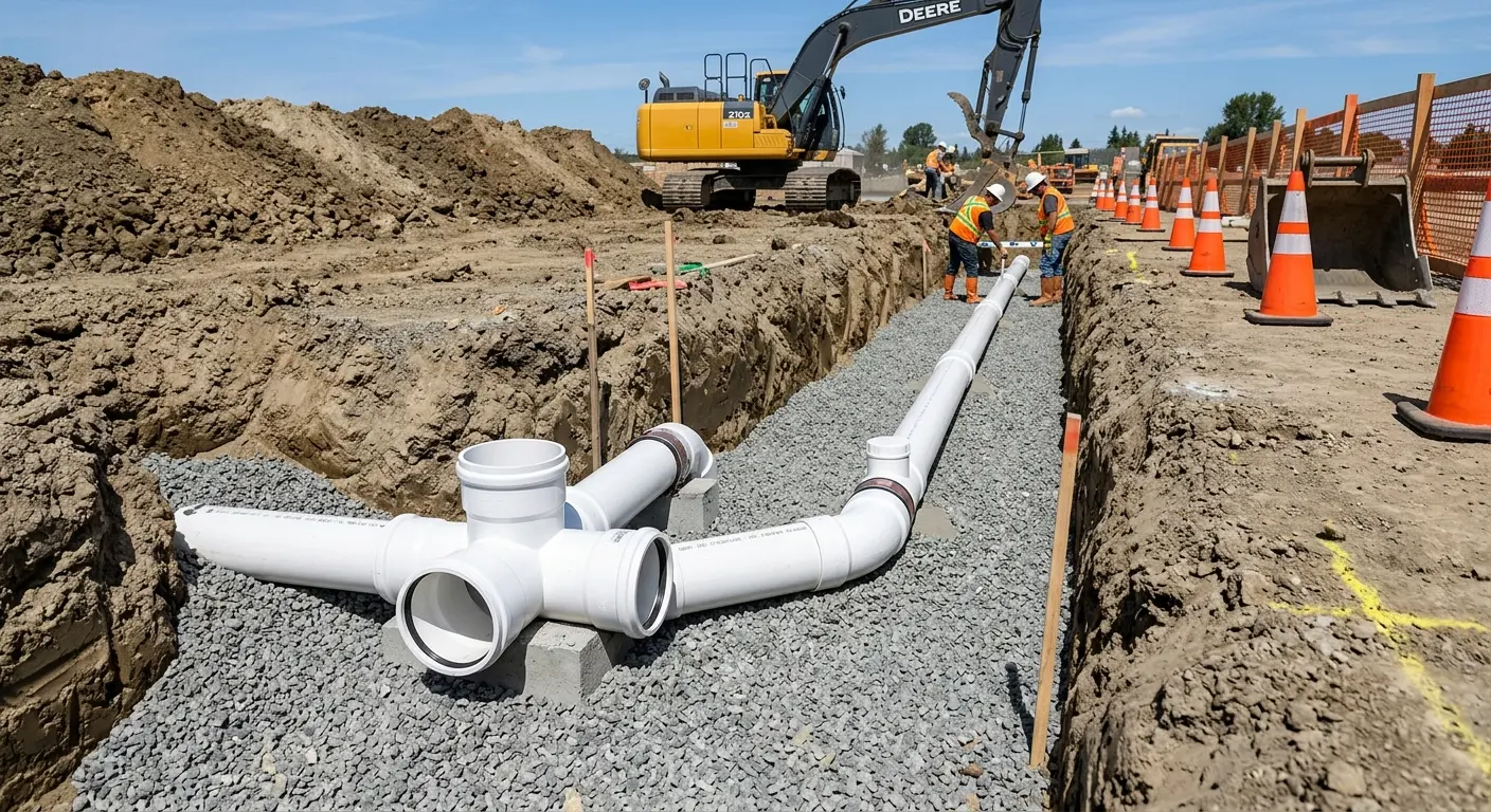 New PVC sewer pipe installation in open trench for Grease Trap Cleaning in Hazelwood