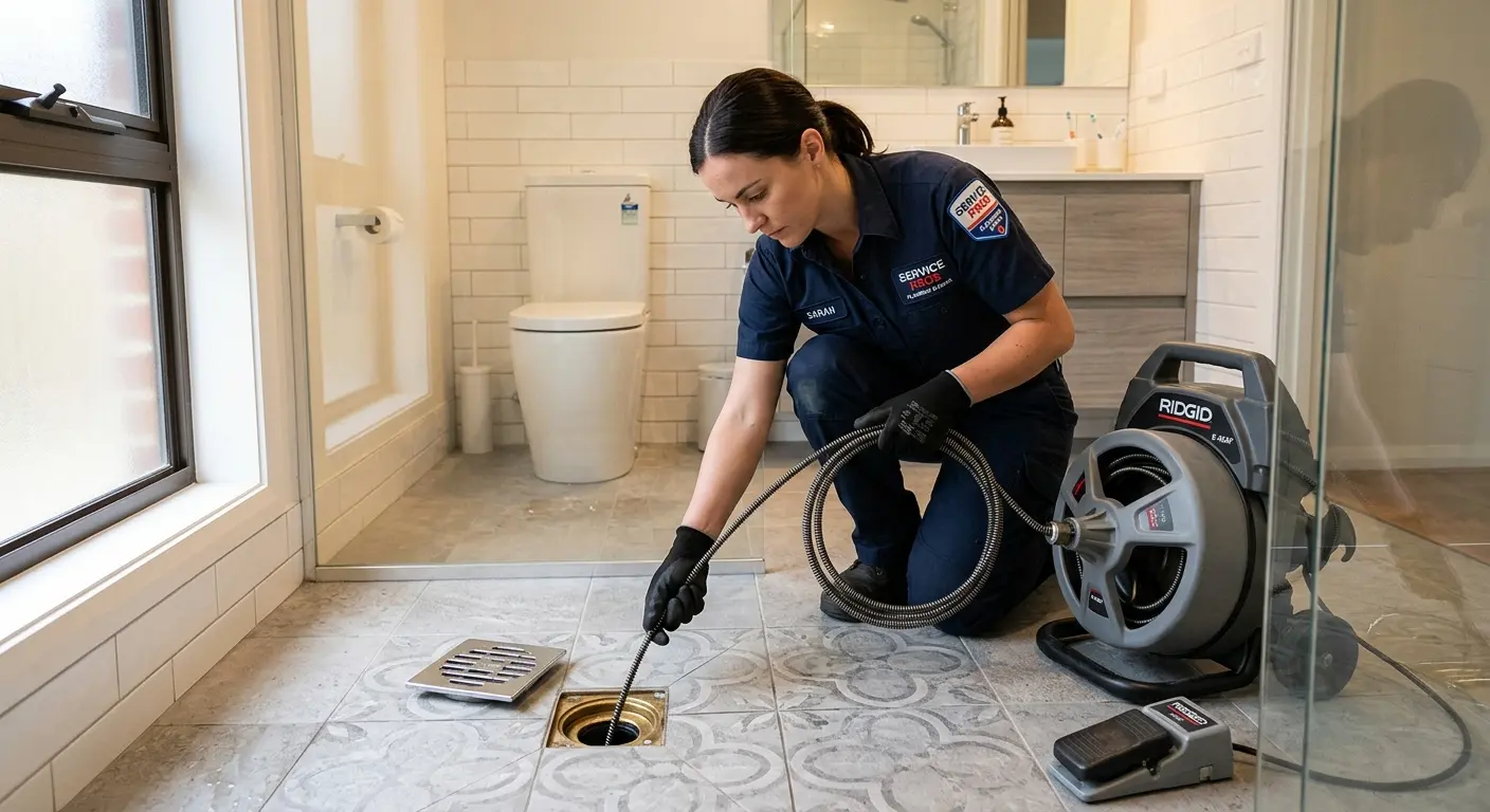 Technician clearing a bathroom floor drain for Drain Repair in Hazelwood